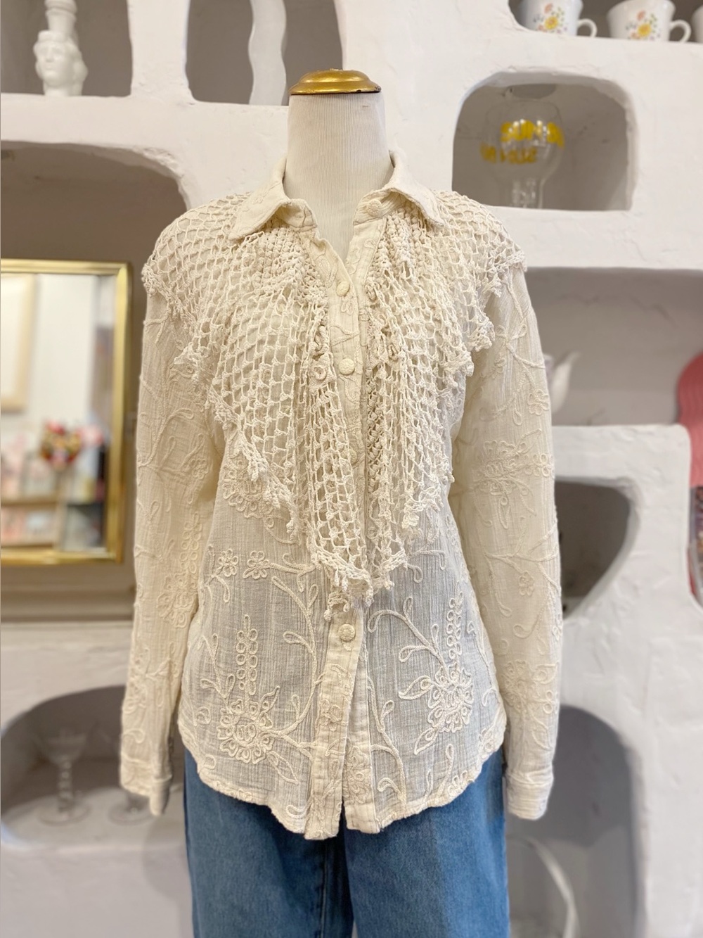 Retro 80s Victorian Revival Cream Embroidered Button-Up Top with Crochet Yoke